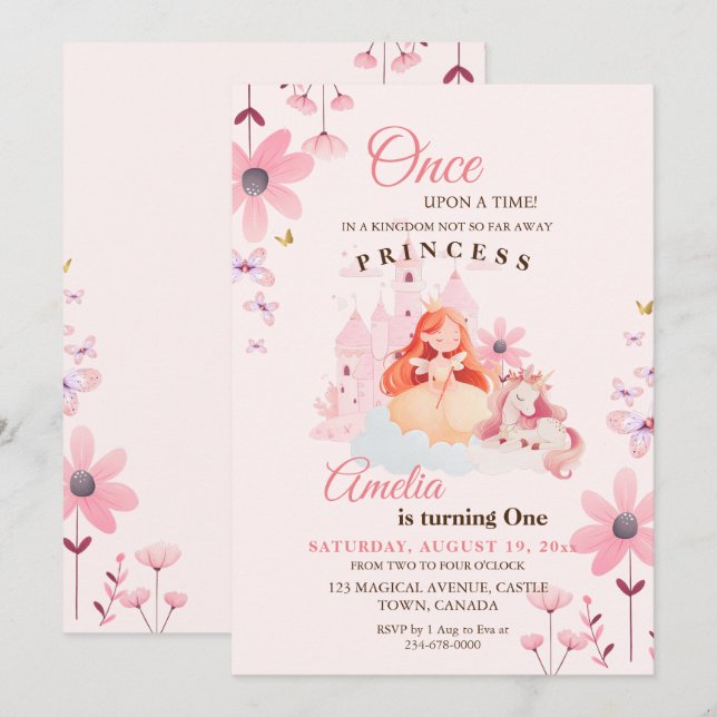 Convites Little Princess Castle Flower Birthday (Frente/Verso)