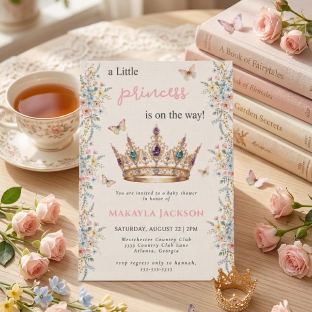 Convites Little Princess Crown Floral Butterfly Baby Shower (Criador carregado)