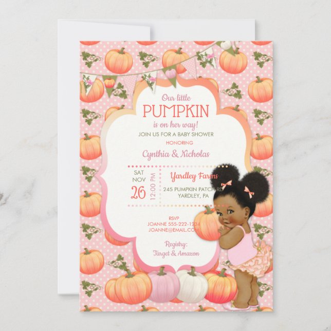 Convites Little Pumpkin Baby Girl Shower Dark Tone Puffs In (Frente)