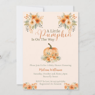Convites Little Pumpkin Orange Floral Fall Baby Shower 