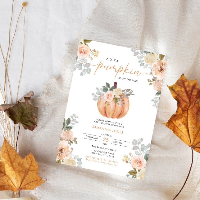 Convites Little Pumpkin Pink FloralFall Baby Shower  (Criador carregado)
