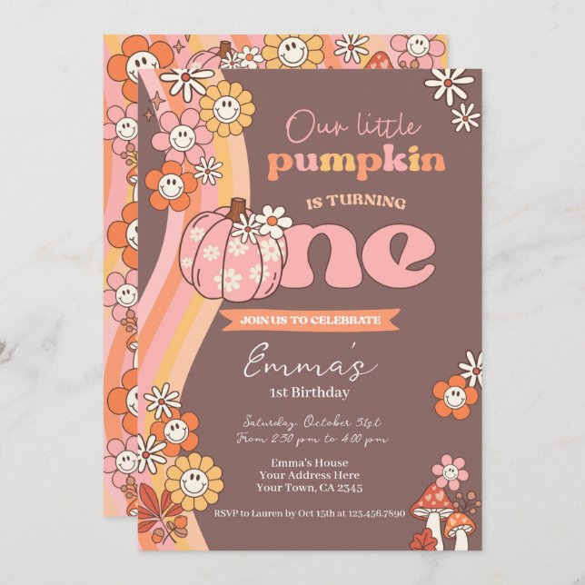 Convites Little Pumpkin Retro 1st Birthday Invitation (Frente/Verso)