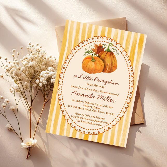 Convites Little pumpkin retro stripes baby shower (Little pumpkin hand drawn retro yellow stripes cute fall baby shower invitation cards template)