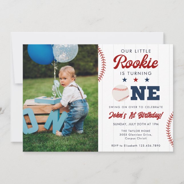 Convites Little Rookie Baseball 1st Birthday Photo (Frente)