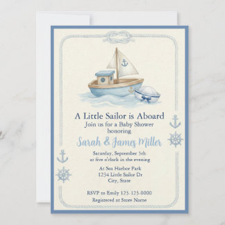 Convites Little Sailor Aboard Blue Baby Shower Invitation
