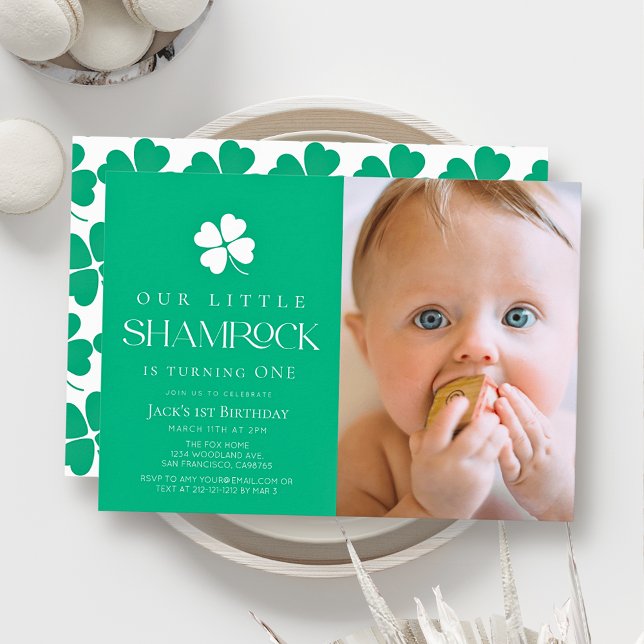 Convites Little Shamrock Green Boy Photo 1st Birthday (Criador carregado)