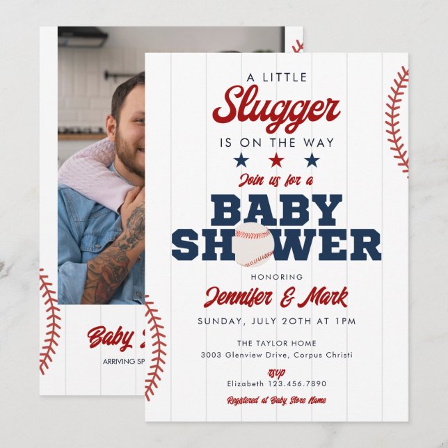 Convites Little Slugger Baseball Photo Baby Shower (Frente/Verso)