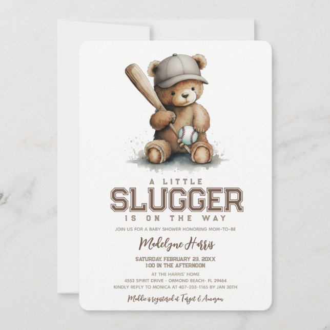 Convites Little Slugger Neutral Teddy Baseball Baby Shower (Frente)