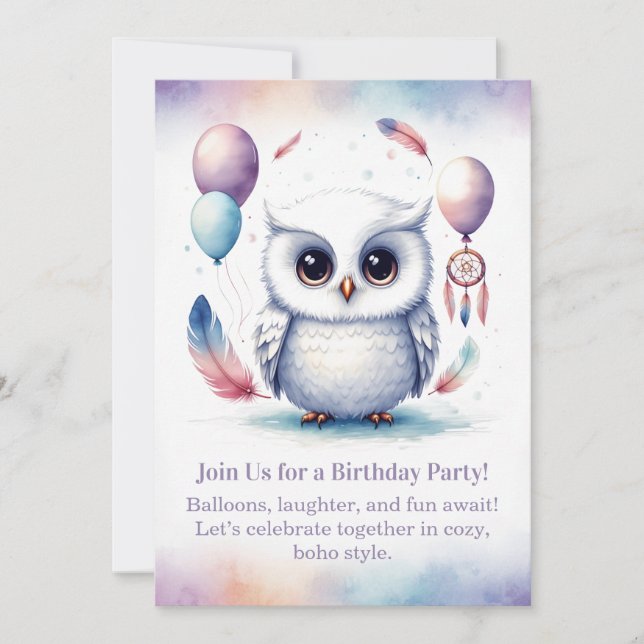 Convites Little Snowy Owl Birthday Invitation Boho  (Frente)