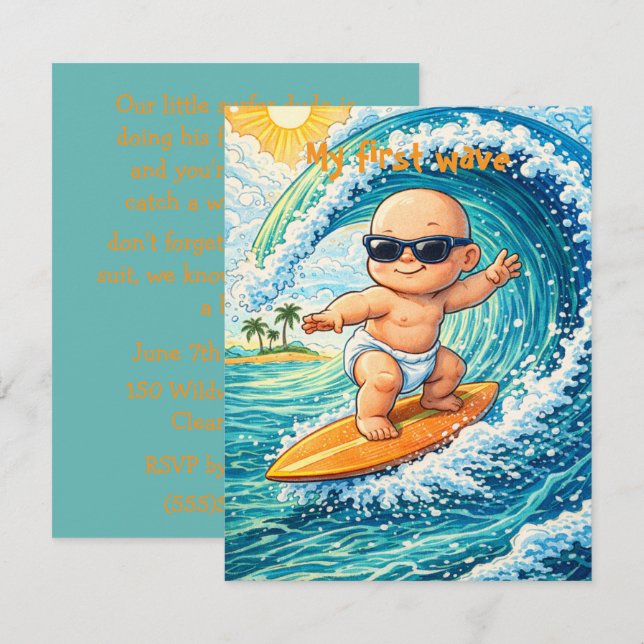 Convites Little Surfer Dude Party Digital Download  (Frente/Verso)