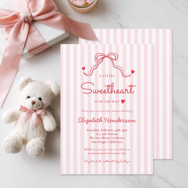 Convites Little Sweetheart Bow Pink Stripe Baby Shower (Criador carregado)