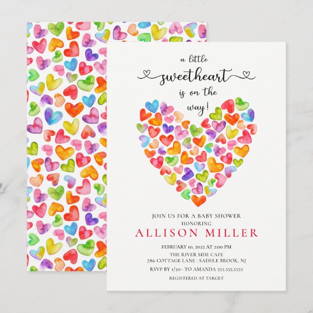 Convites Little Sweetheart Hearts Girls Chá de fraldas Invi (Frente/Verso)