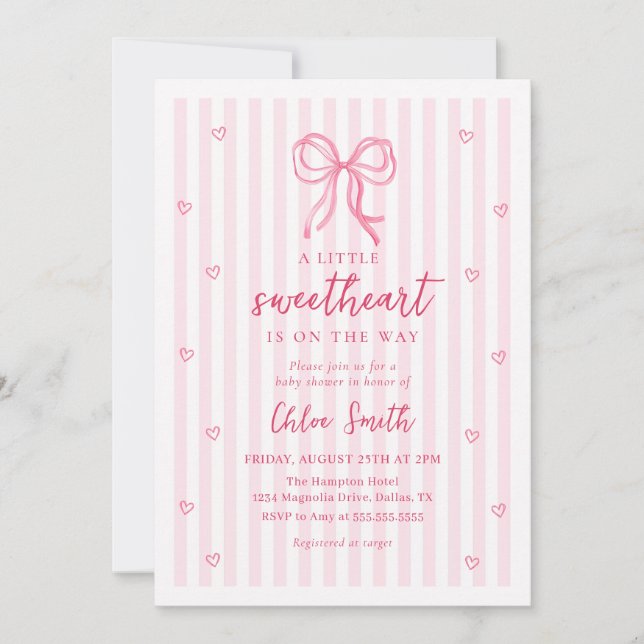 Convites Little Sweetheart Pink Bow Baby Shower Invitation (Frente)