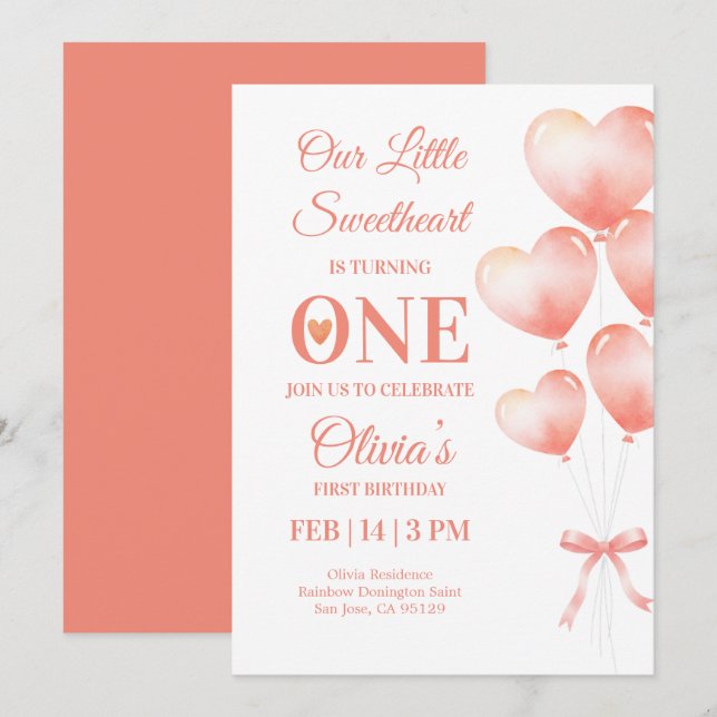 Convites Little Sweetheart Turns One Baby Girl Invitation (Frente/Verso)