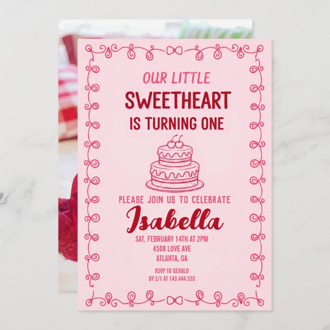 Convites Little Sweetheart Valentine 1st Birthday Cake  (Frente/Verso)