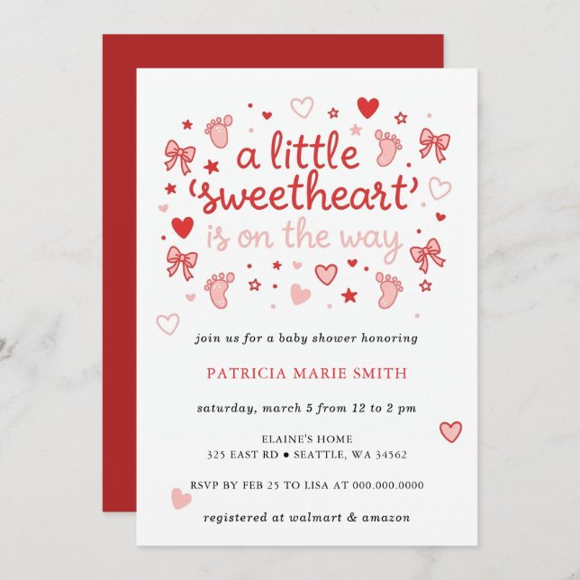 Convites Little Sweetheart Valentines Bow Baby Shower (Frente/Verso)