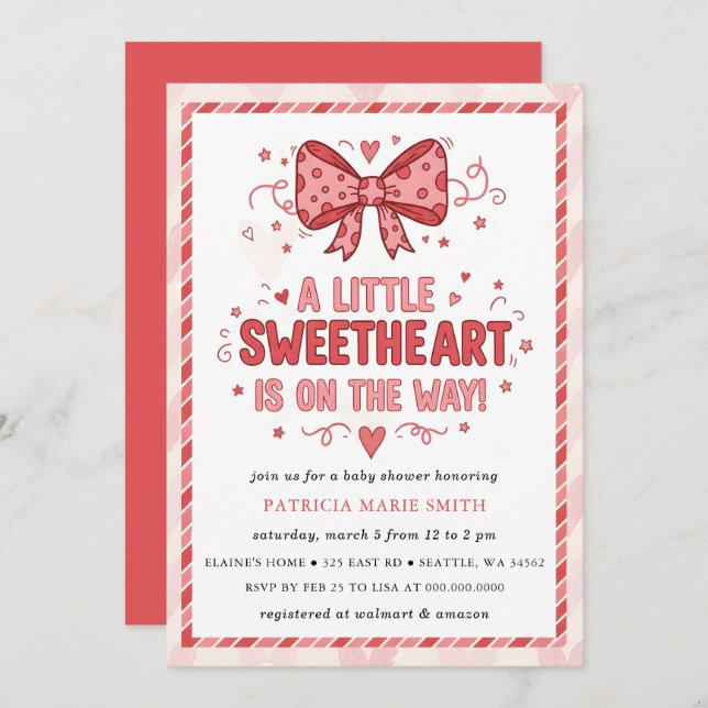 Convites Little Sweetheart Valentines Bow Baby Shower (Frente/Verso)