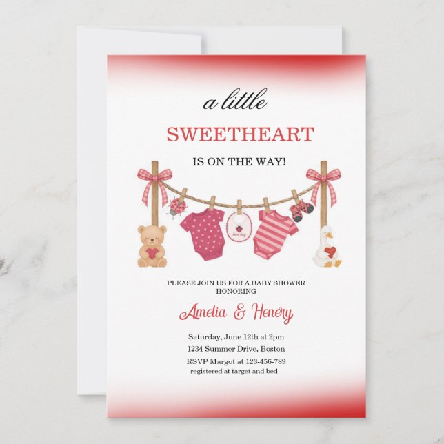 Convites Little Sweetheart Valentines Girl Baby Shower  (Frente)
