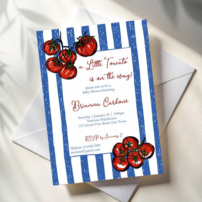 Convites Little tomato blue stripes Italian baby shower (Little tomato blue stripes Italian  farmers market baby shower Invitation cards template)