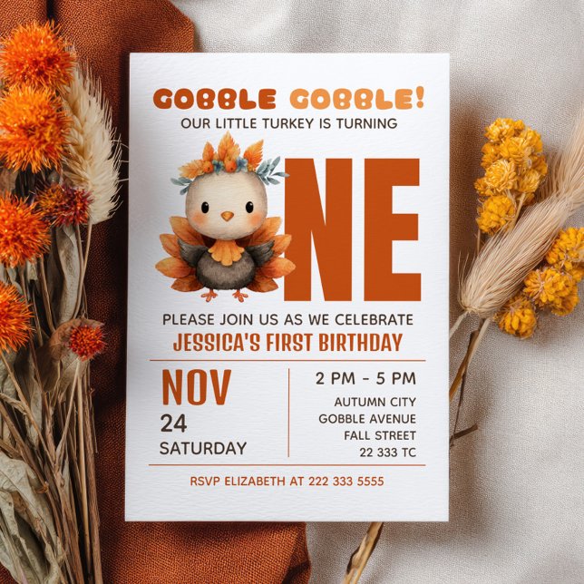 Convites Little Turkey Gobble Thanksgiving 1st Birthday (Criador carregado)