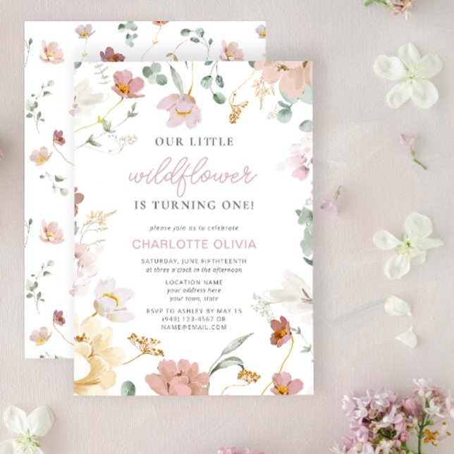 Convites Little Wildflower está virando um aniversário (Easily personalize this 1st Birthday Invitation with your details for a very special event)