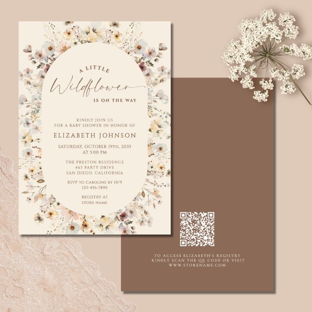 Convites Little Wildflower Rustic QR Code Baby Shower  (Criador carregado)