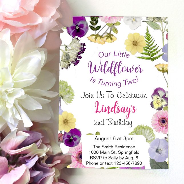 Convites Little Wildflower Themed segundo aniversário (Criador carregado)