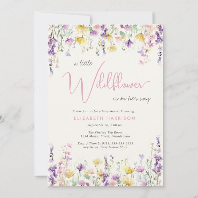 Convites Little Wildflower Watercolor Baby Girl Shower (Frente)