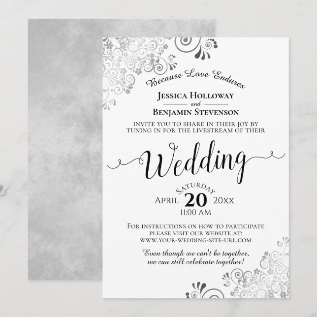 Convites Livestream de Casamento Negro e Branco Elegante (Frente/Verso)