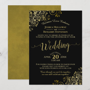 Convites Livestream Dourado de Casamento Virtual Negro