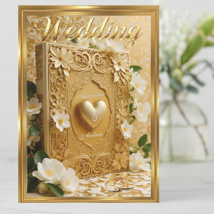 Convites Livro de Casamento Elegante Coração Dourado Flores