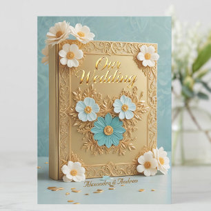 Convites Livro de Casamento Elegante Flores Azuis Brancas D