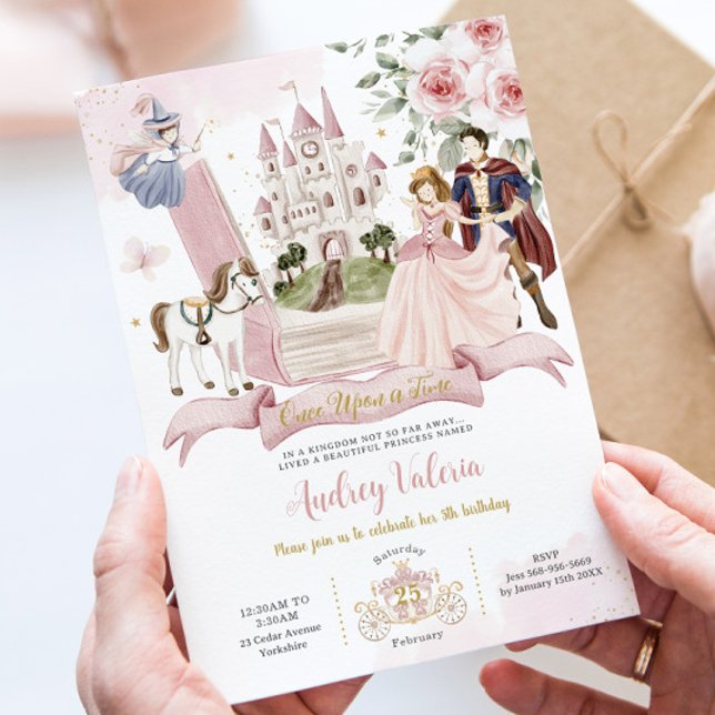 Convites Livro de Fairytales Uma Vez em uma Era Princesa An (fairytale book pink castle pop up princess prince fairy godmother birthday invitation card printed)