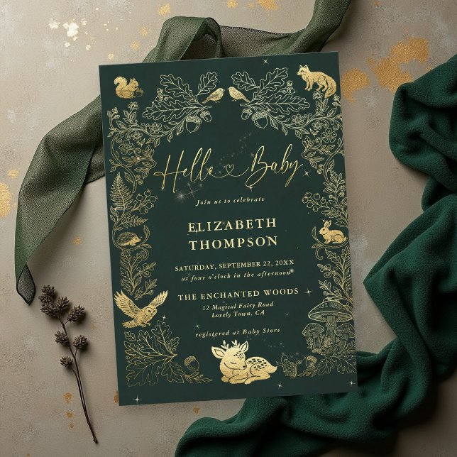Convites Livro de Histórias de Animais da Floresta Chamada  (woodland baby shower ideas animals enchanted forest garden storybook frame elegant green faux gold)