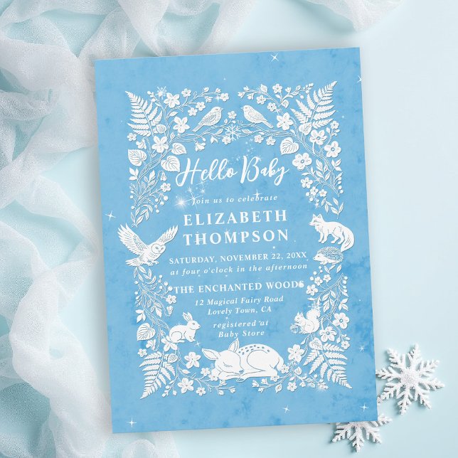 Convites Livro de Histórias de Animais da Floresta Chuva de (winter baby shower invitations frost blue white woodland animals storybook enchanted forest)