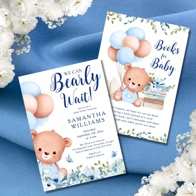 Convites Livro de Urso de Teddy Blue Budget para Chá de fra (This baby shower invitation features a cut teddy bear and blue balloons surrounded by wildflowers.)