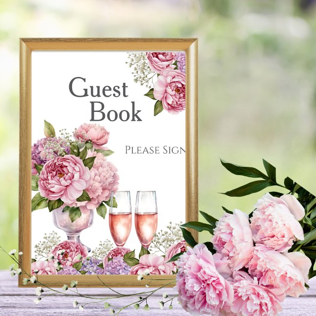 Convites Livro de Visitas Pétalas & Prosecco Sinal de Chá d (Petals & Prosecco Guest Book Bridal shower Sign)