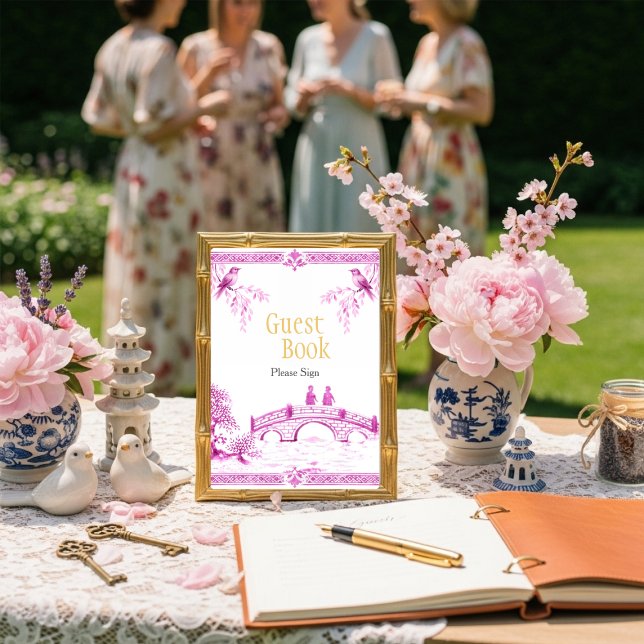 Convites Livro de Visitas Rosa Chinoiserie Sinal de Chá de  (Chinoiserie Pink Guest Book Bridal shower Sign)