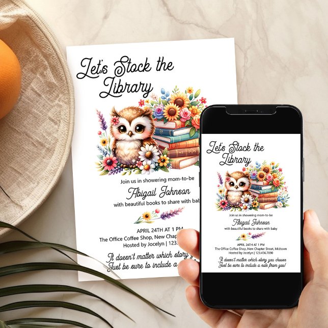 Convites Livro Floral do Chá de fraldas de Biblioteca Wise  (Stock the Library Baby Shower invitation for book lovers, office baby showers, baby sprinkles ..)