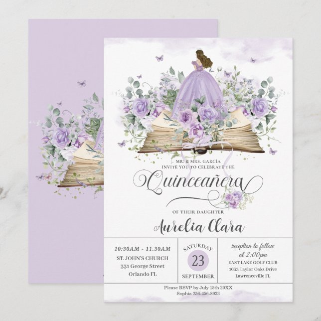 Convites Livro Floral Purple Lilac Novo Capítulo Quinceañer (Frente/Verso)