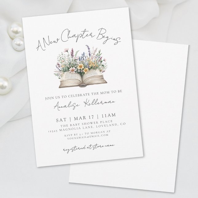 Convites Livro Novo Capítulo Chá de Bebê Wildflower (Book New Chapter Wildflower Baby Shower Invitation)