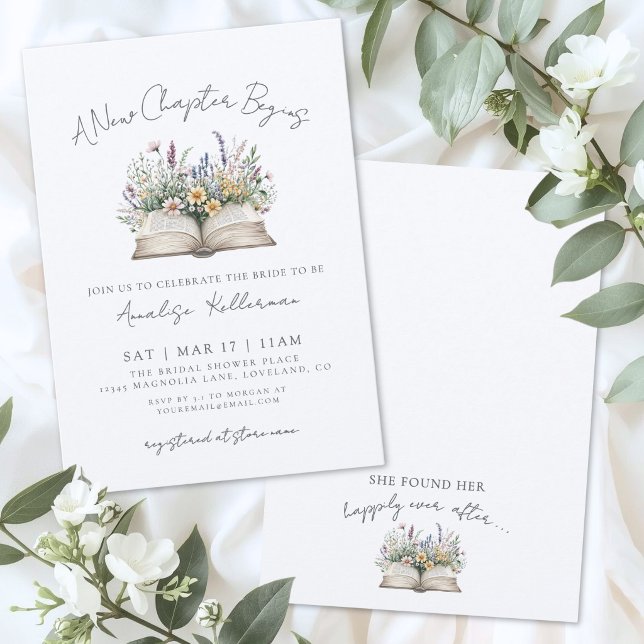 Convites Livro Novo Capítulo Chá de Noiva Wildflower (Book New Chapter Wildflower Bridal Shower Invitation)
