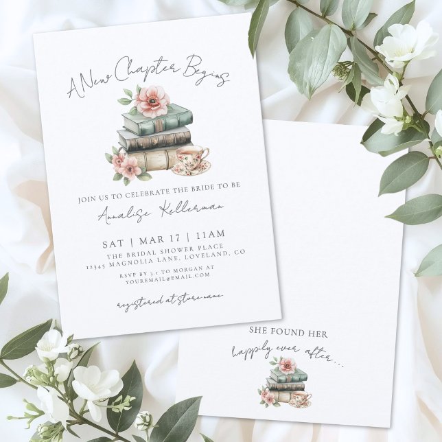 Convites Livro Novo Capítulo Floral Chá de Noiva (Book New Chapter Floral Bridal Shower Invitation)