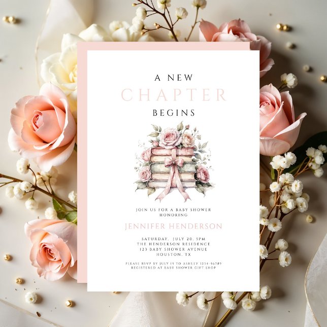 Convites Livros de Arco-íris Rosa Um Novo Capítulo Começa C (Pink Bow Books A New Chapter Begins Baby Shower Invitation)