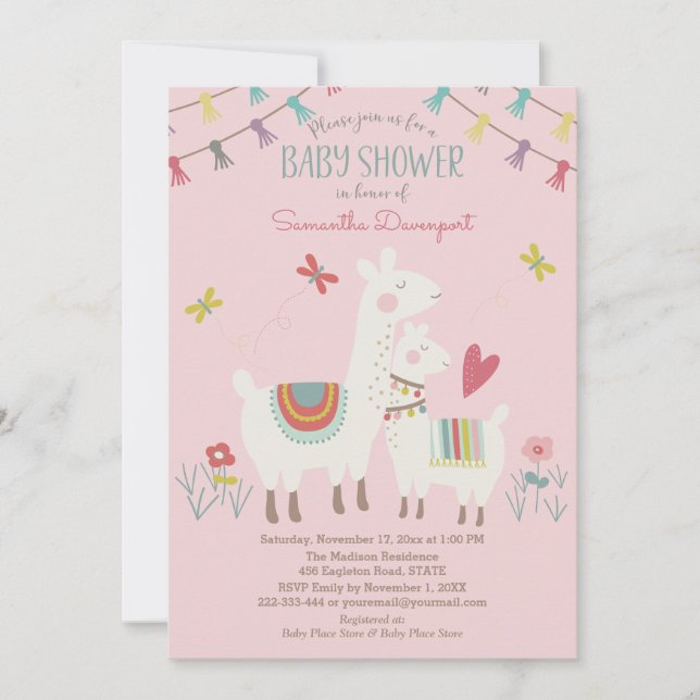 Convites Llama Baby and Mama Chá Invitation Pink (Frente)