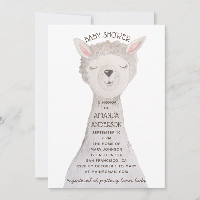 Convites Llama Baby Shower | Sweet Watercolor Alpaca Animal (Frente)