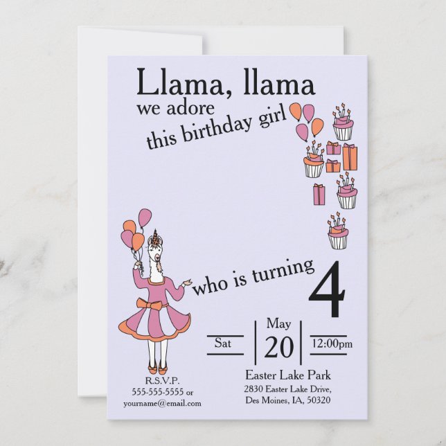 Convites Llama Birthday Girl lavendar e laranja (Frente)