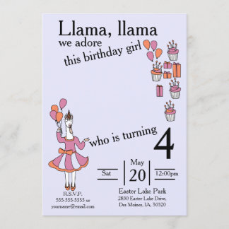 Convites Llama Birthday Girl lavendar e laranja