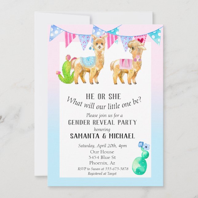 Convites Llama Cute Watercolor Gênero ReveParty (Frente)