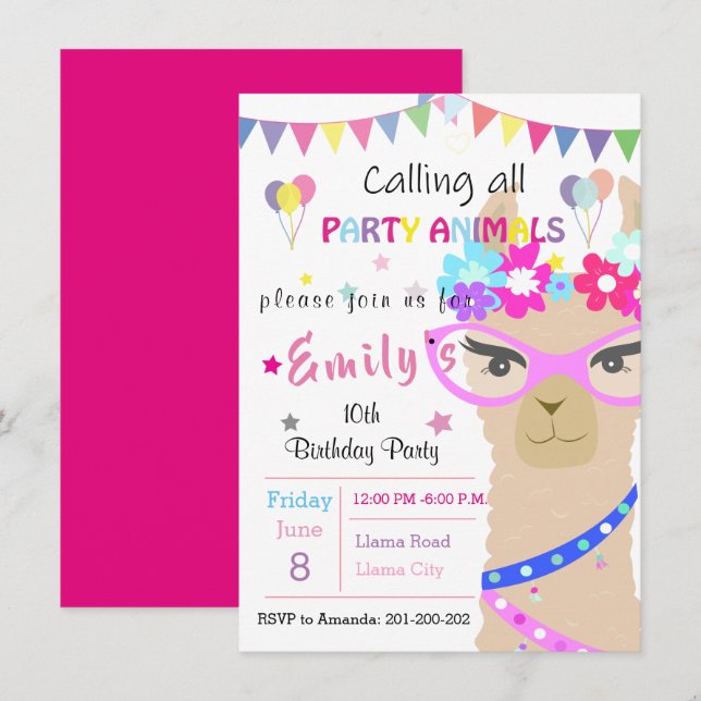 Convites Llama drama de moda (Frente/Verso)